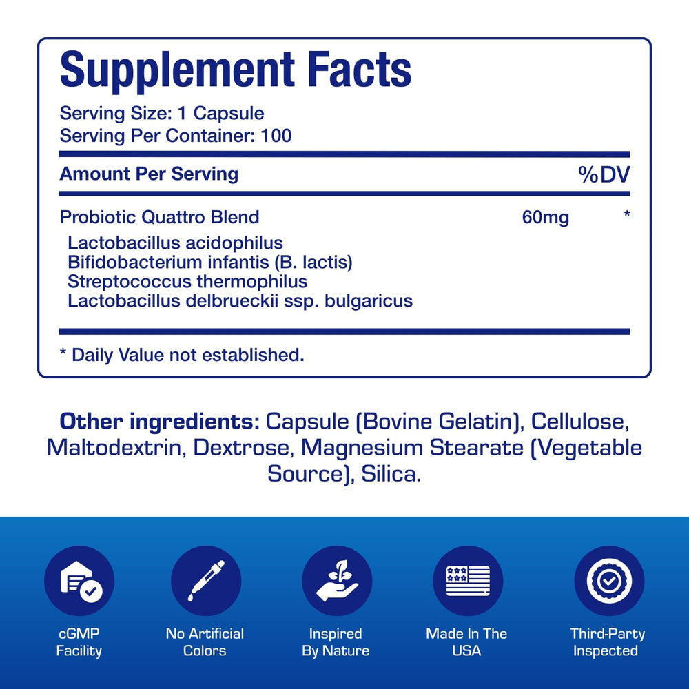 Quadbiotic capsules closeup demonstrates easy daily digestive support.