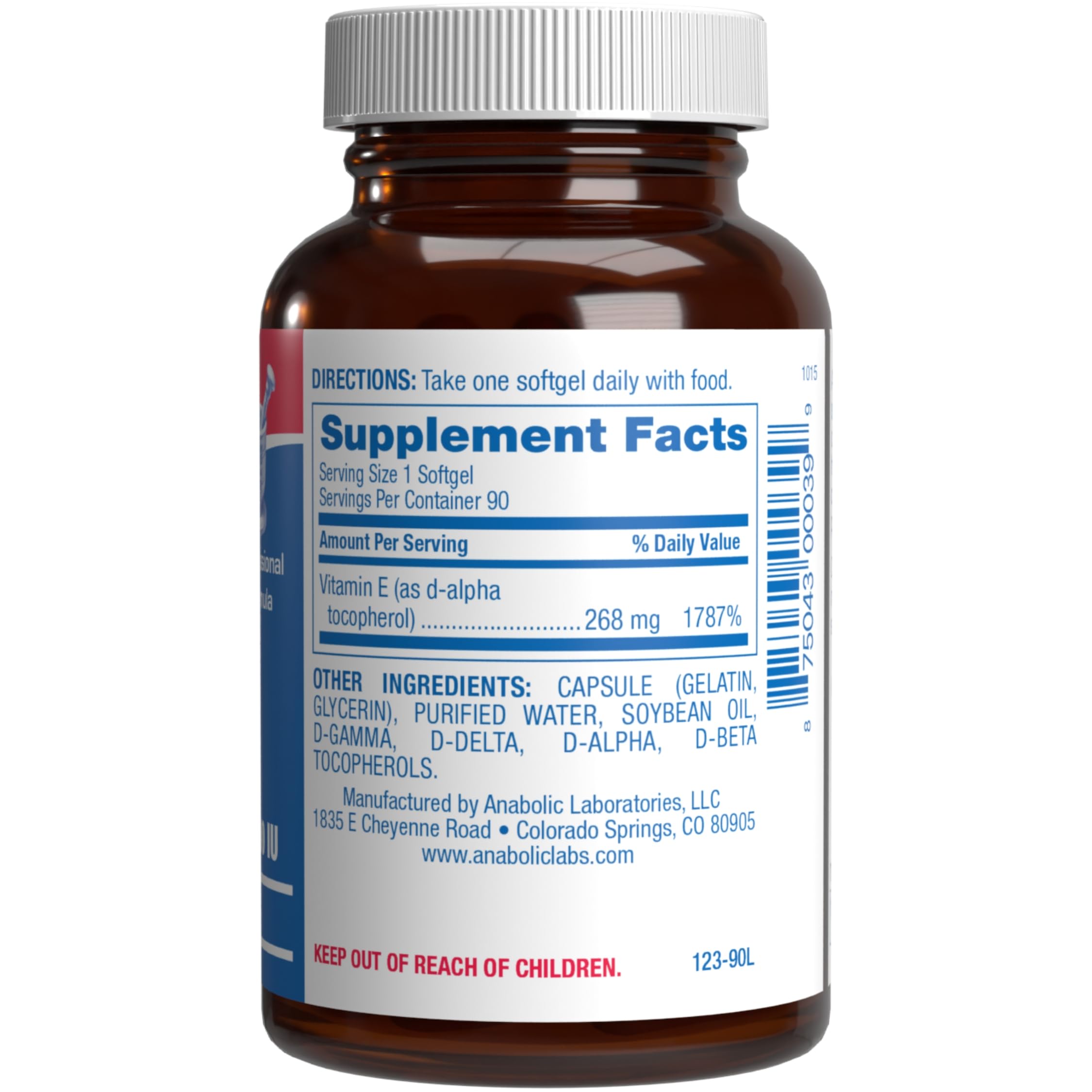 Anabolic Laboratories Vitamin E 400 IU softgels bottle cap view for daily use