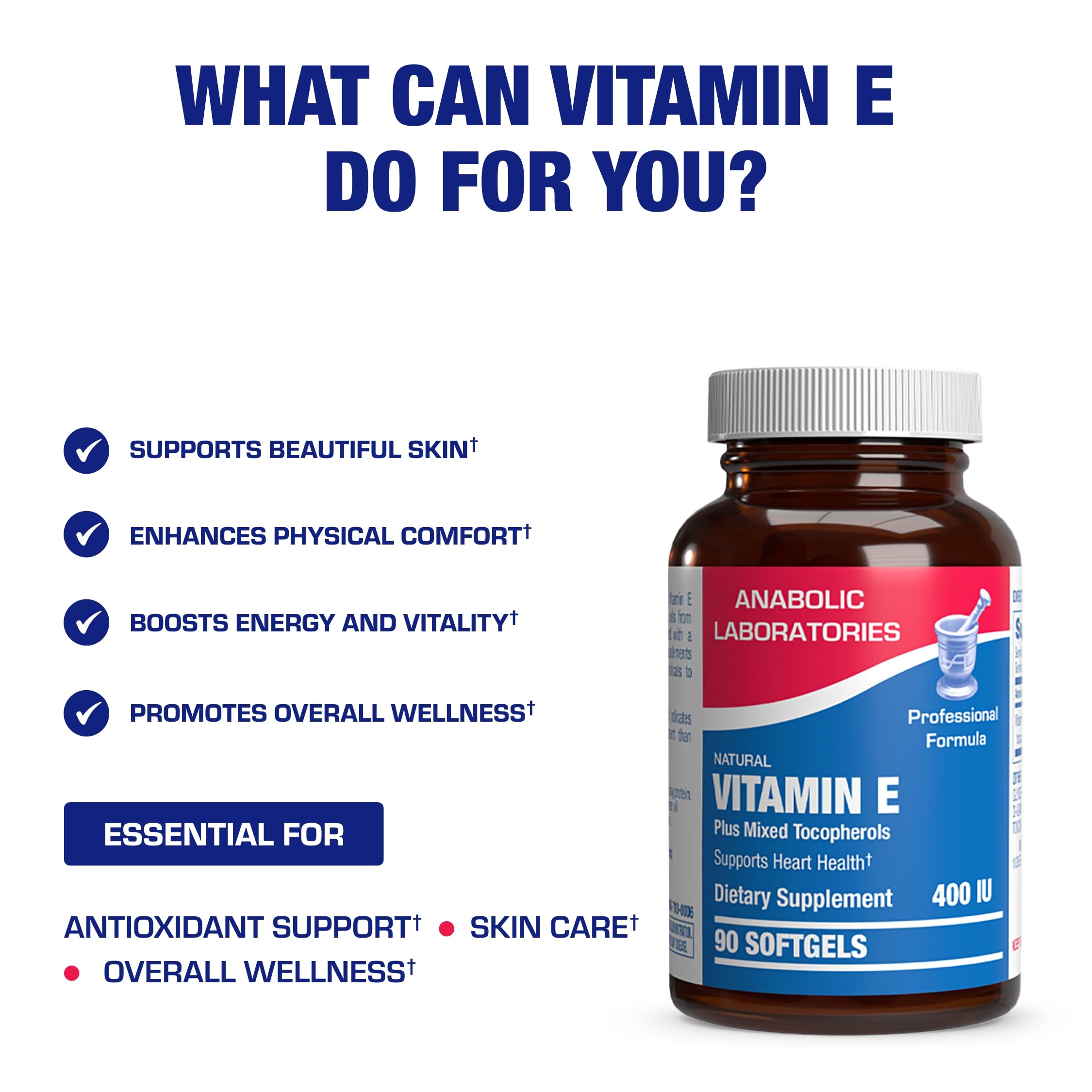 Anabolic Laboratories Vitamin E 400 IU softgels on shelf beside skincare items