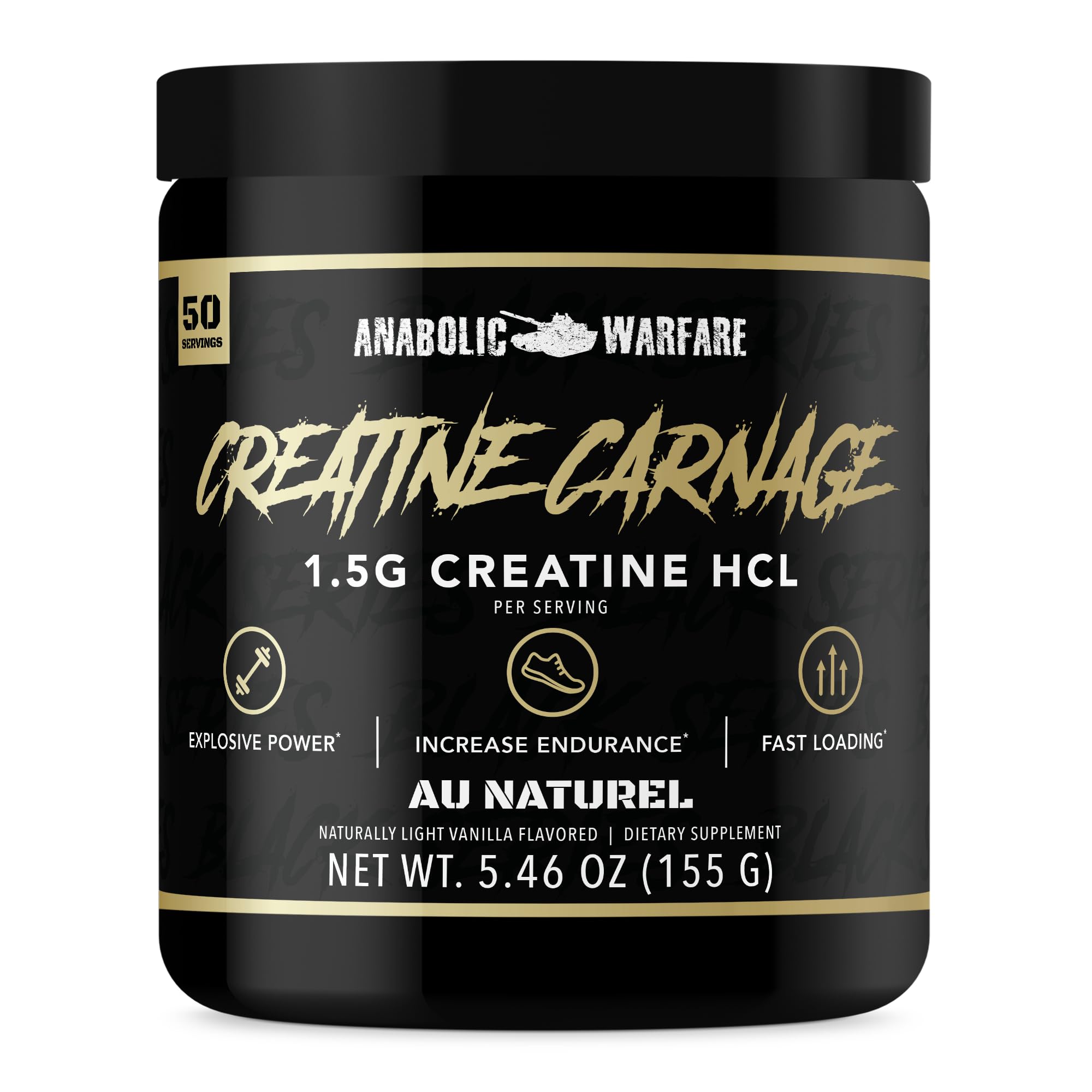 Anabolic Warfare Creatine Carnage bottle shows premium powder for strength support.