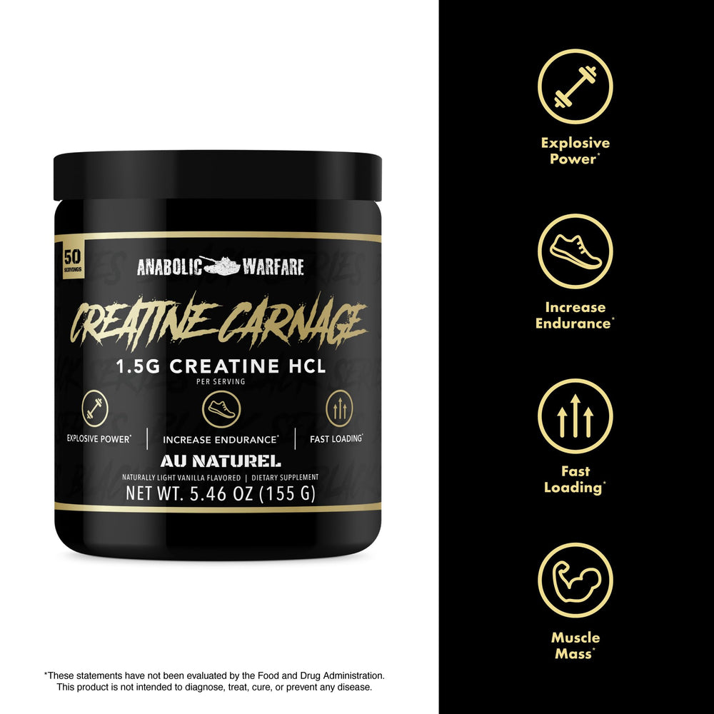 Anabolic Warfare Creatine Carnage label closeup highlights quality ingredients.