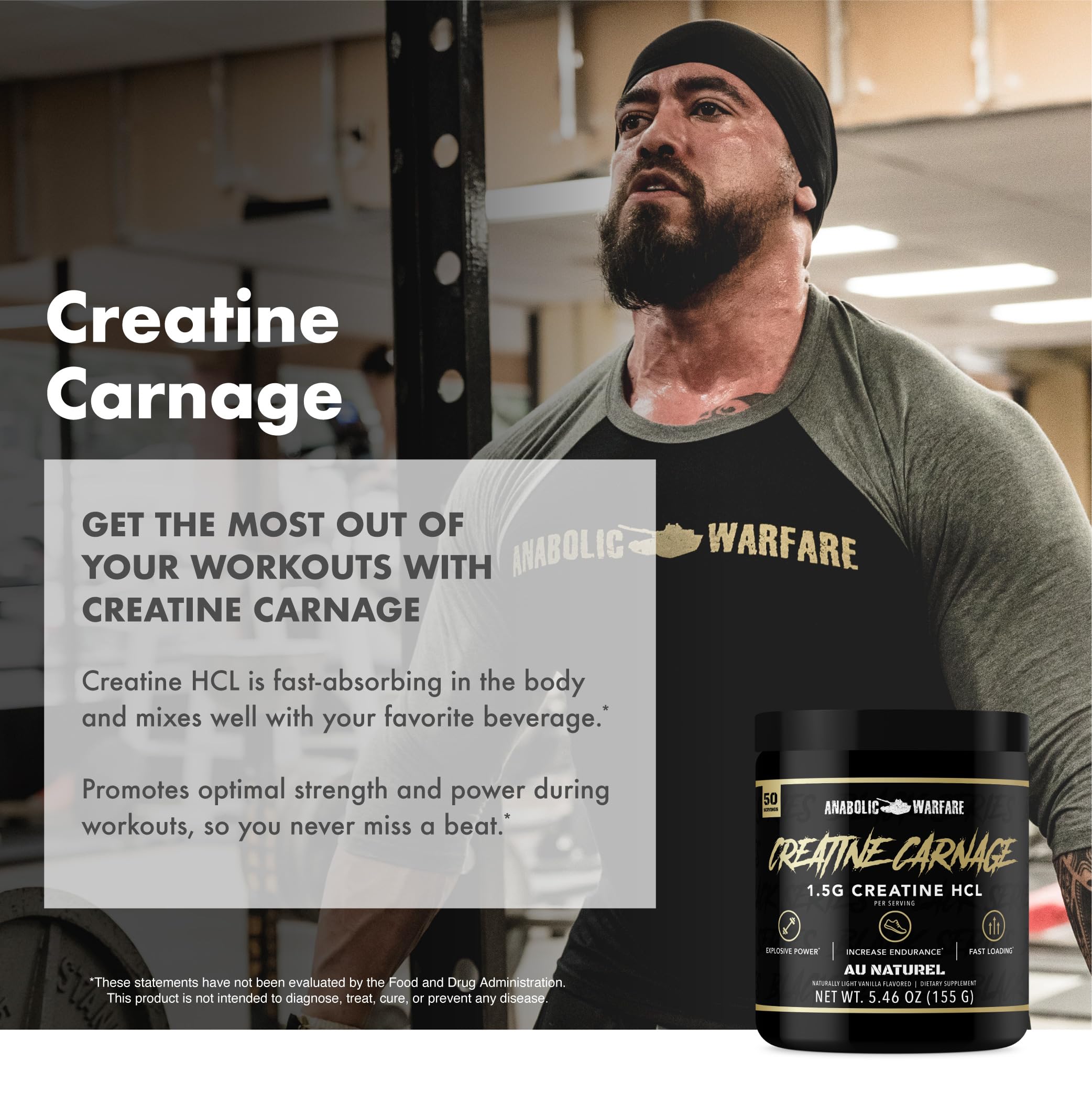 Anabolic Warfare Creatine Carnage stack-ready label shows easy stacking with supplements.