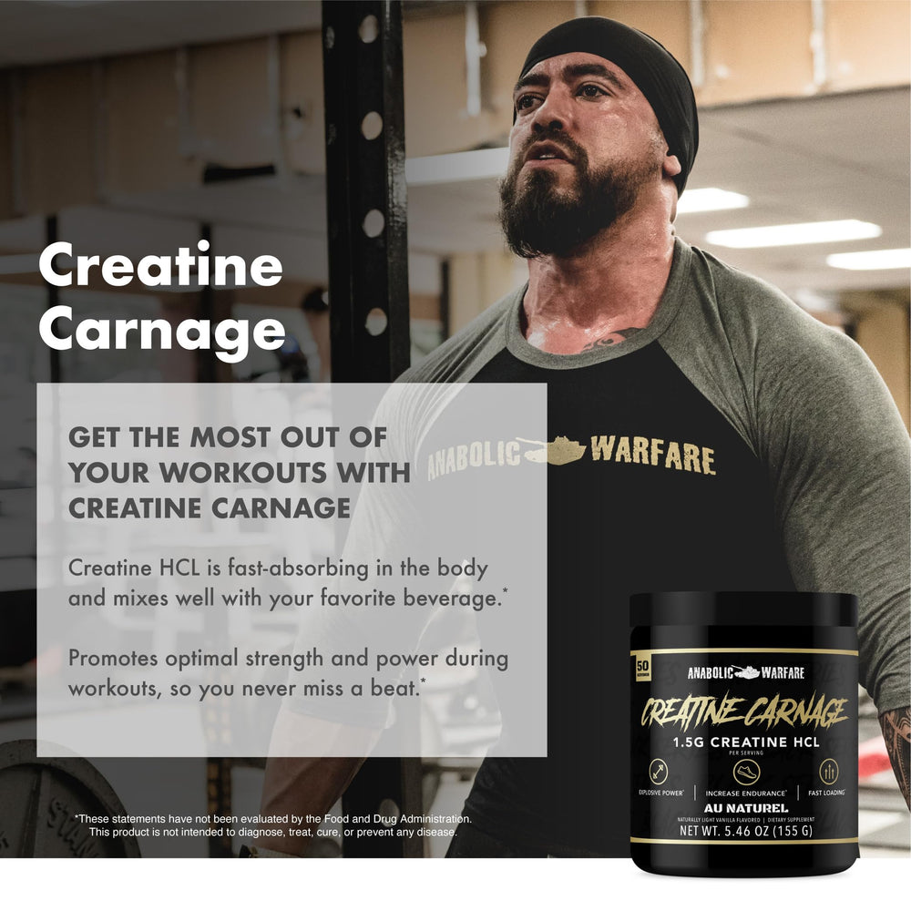 Anabolic Warfare Creatine Carnage stack-ready label shows easy stacking with supplements.