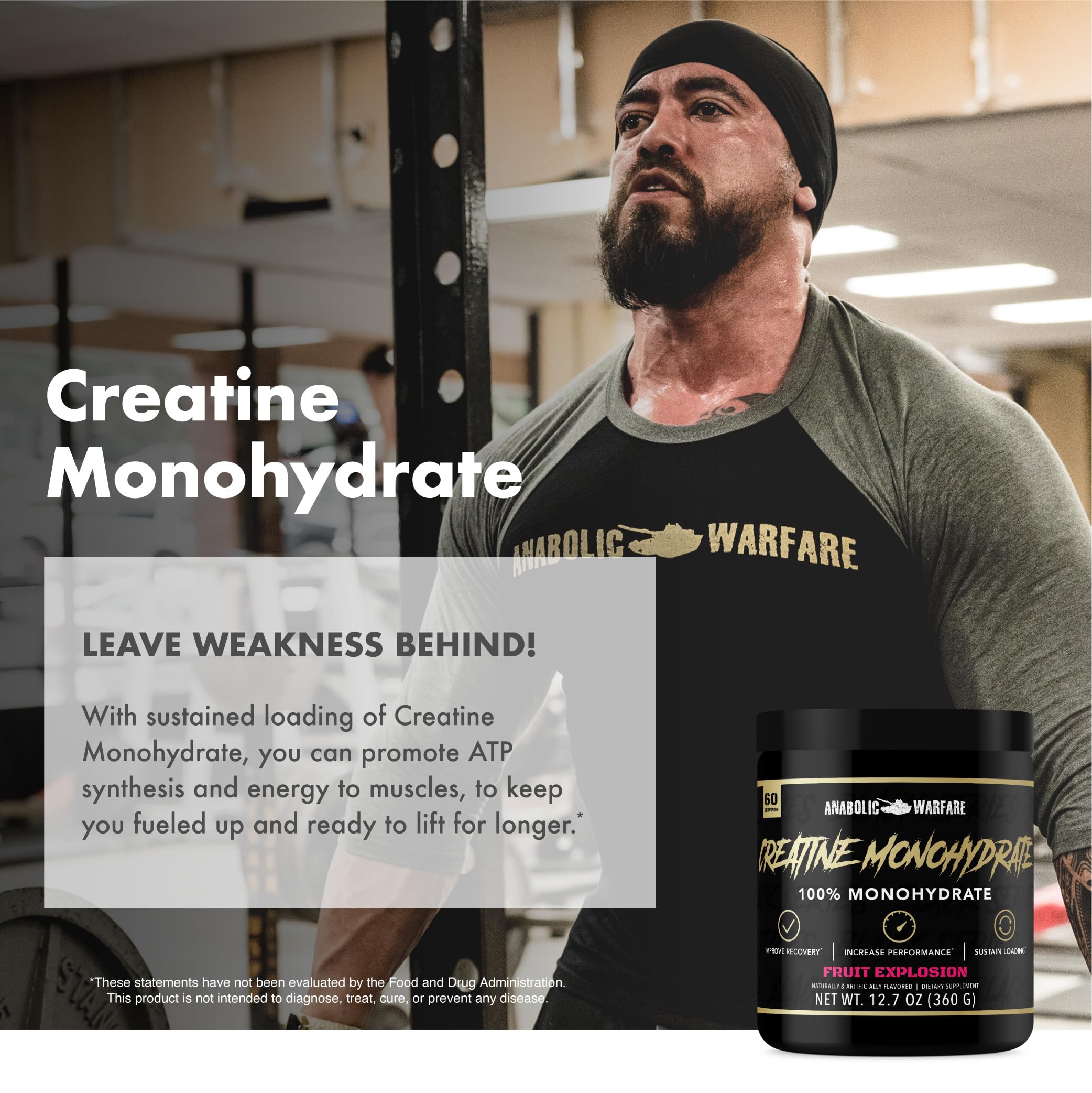 Anabolic Warfare Creatine Monohydrate Fruit Explosion muscle-focused setup suggests sustained loading benefits.