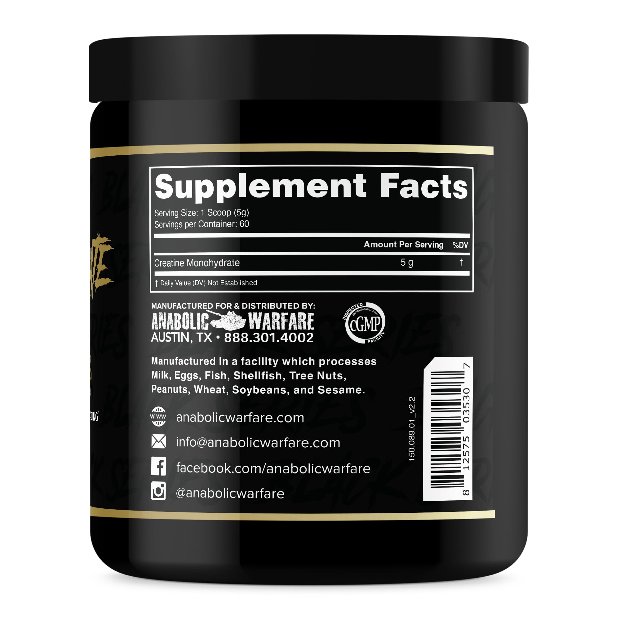 Anabolic Warfare Creatine Monohydrate label highlights pure monohydrate formula for simple use.