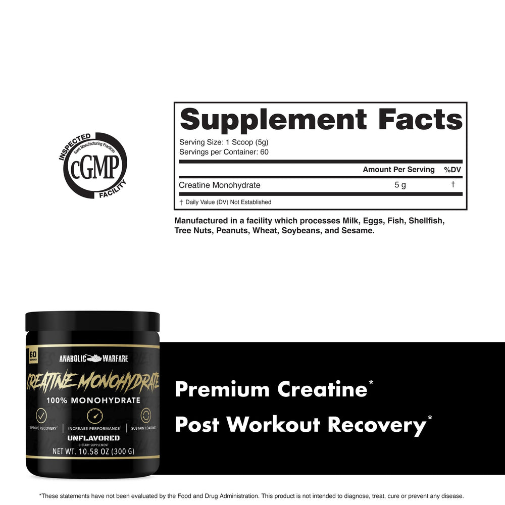 Anabolic Warfare Creatine Monohydrate serving image supports a sustainable daily loading approach.