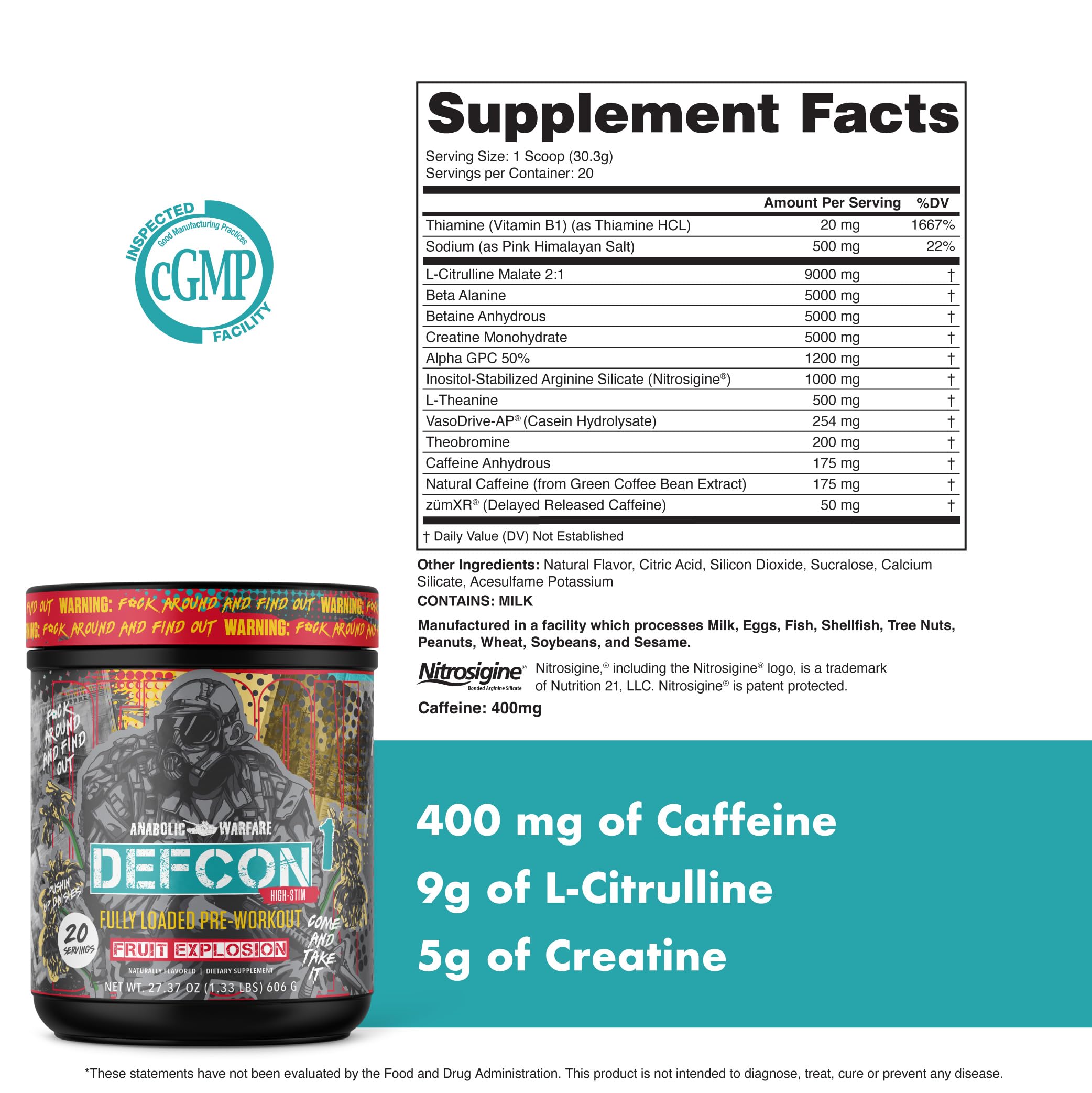 Defcon1 ingredient-label close-up showing GMP quality and high-stim formula.