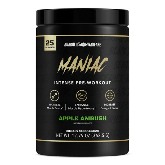 Anabolic Warfare Maniac Apple Ambush tub with bold label signaling energy and focus.