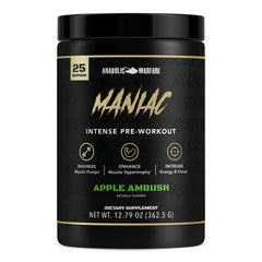 Anabolic Warfare Maniac Apple Ambush tub with bold label signaling energy and focus.