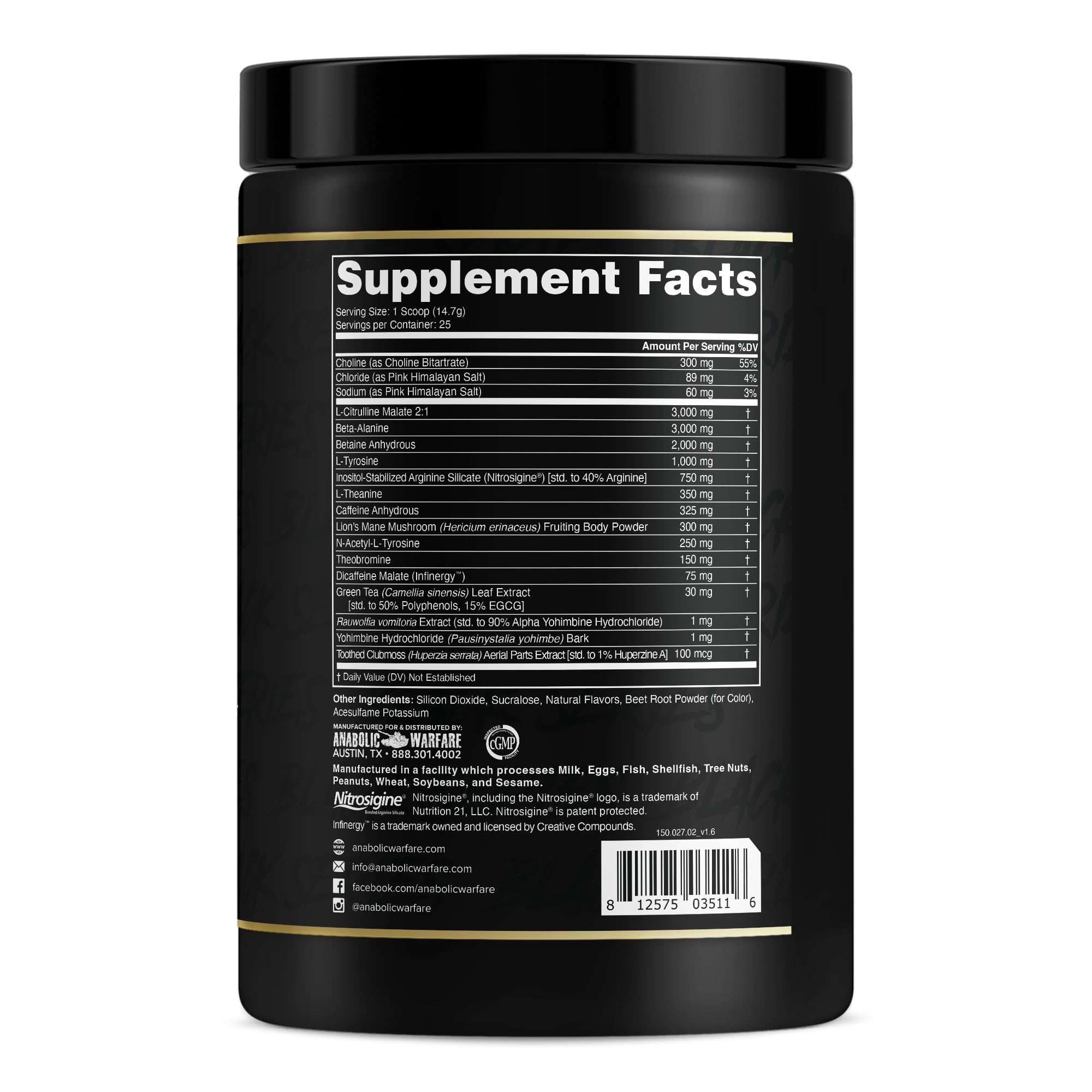 Anabolic Warfare Maniac label close-up emphasizing ingredients and formulation.