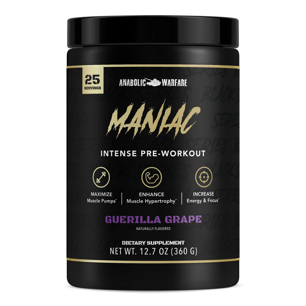 Anabolic Warfare Maniac tub front showing Guerilla Grape energy and flavor for intense workouts