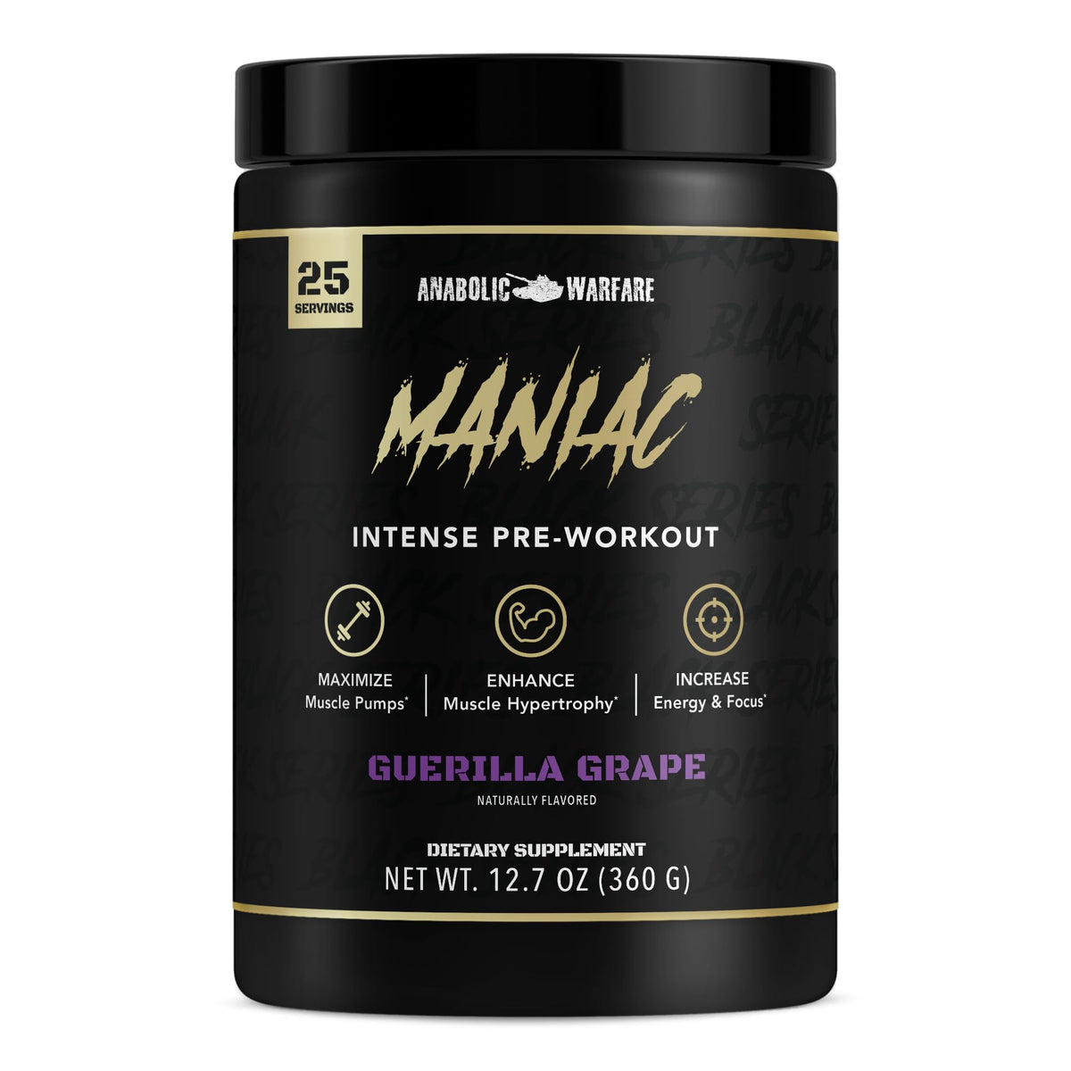 Anabolic Warfare Maniac tub front showing Guerilla Grape energy and flavor for intense workouts