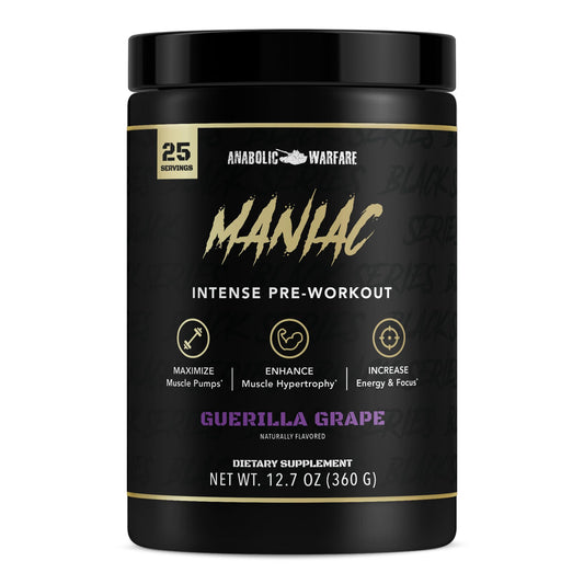 Anabolic Warfare Maniac tub front showing Guerilla Grape energy and flavor for intense workouts