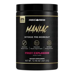 Anabolic Warfare Maniac tub front view highlighting energy and focus for workouts.