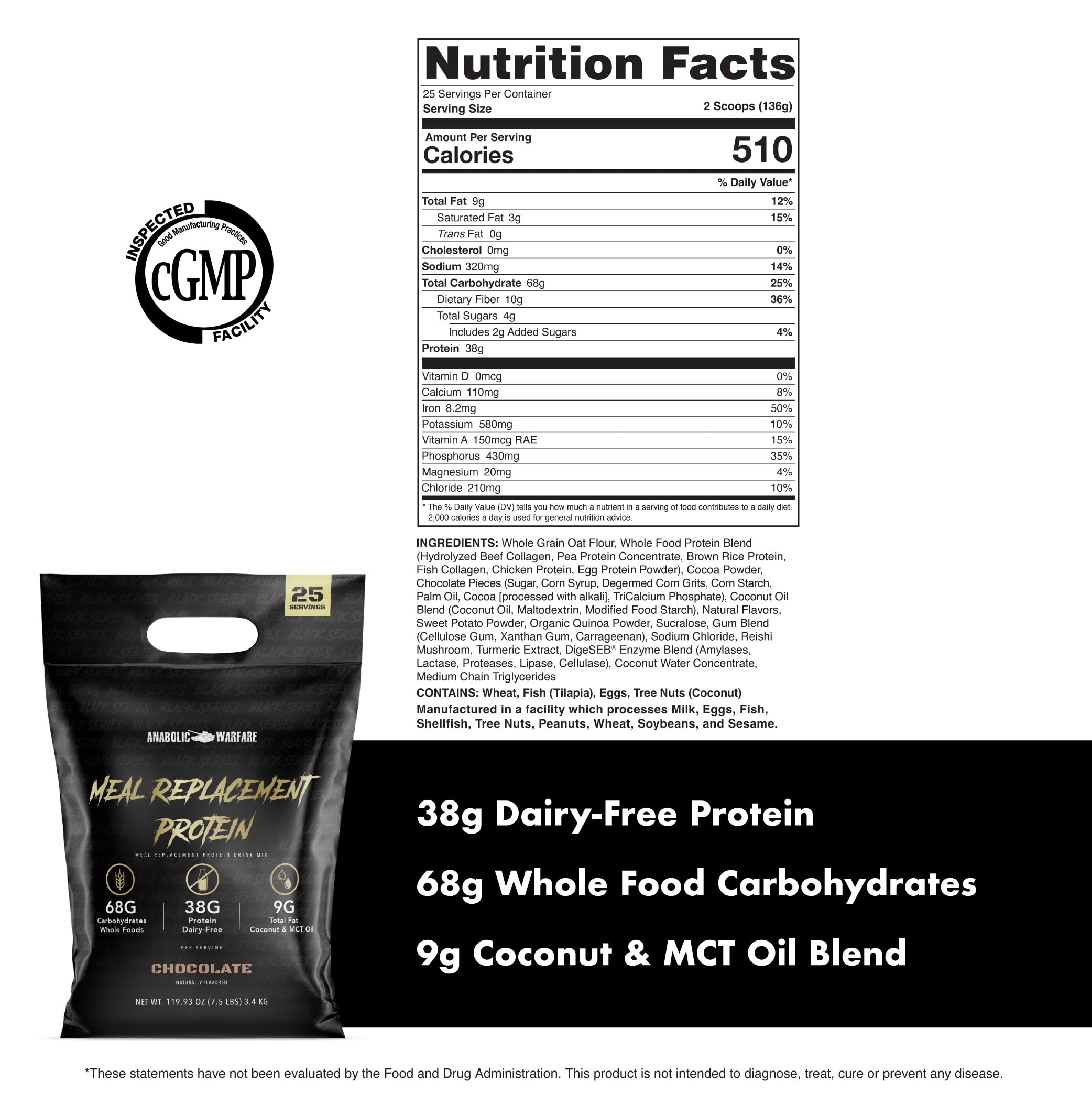 Anabolic Warfare Meal Replacement Protein chocolate ingredients highlight non-dairy protein sources.