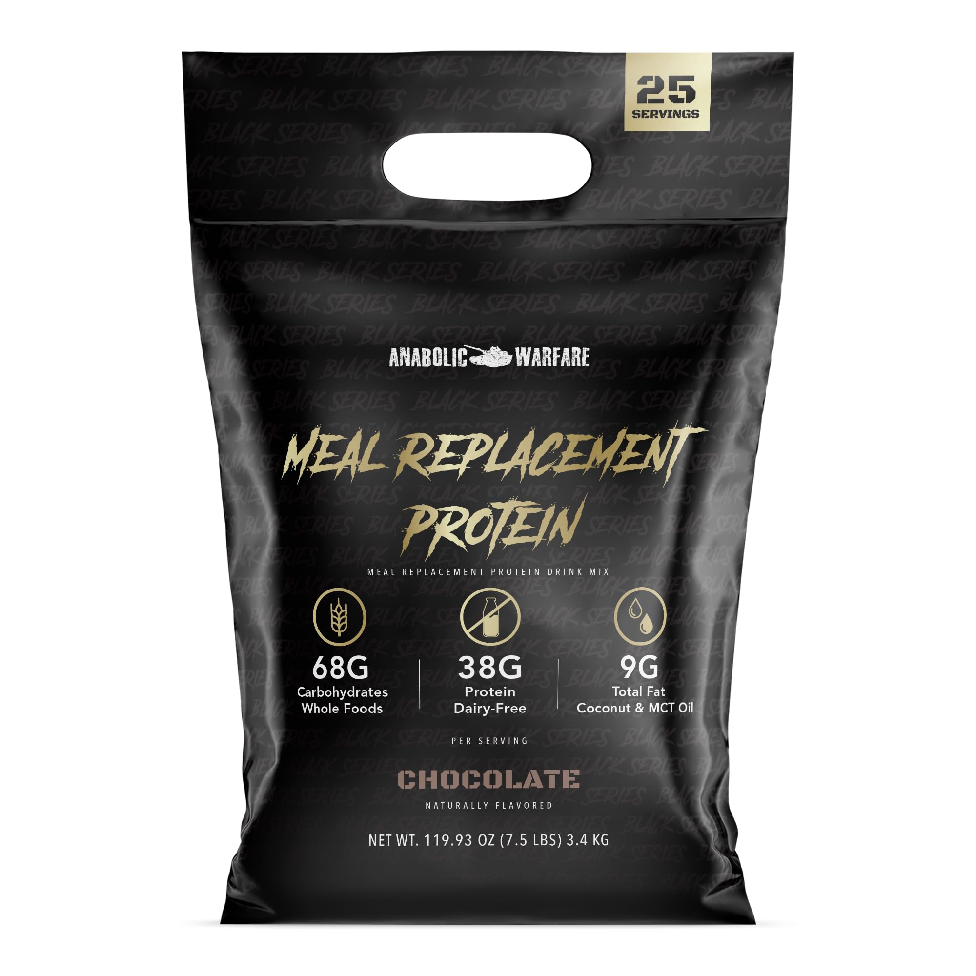 Anabolic Warfare Meal Replacement Protein chocolate tub for convenient full-day nutrition.