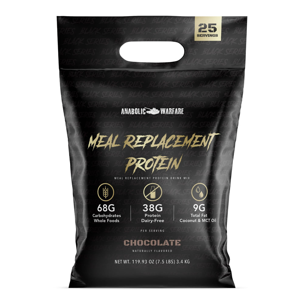 Anabolic Warfare Meal Replacement Protein chocolate tub for convenient full-day nutrition.