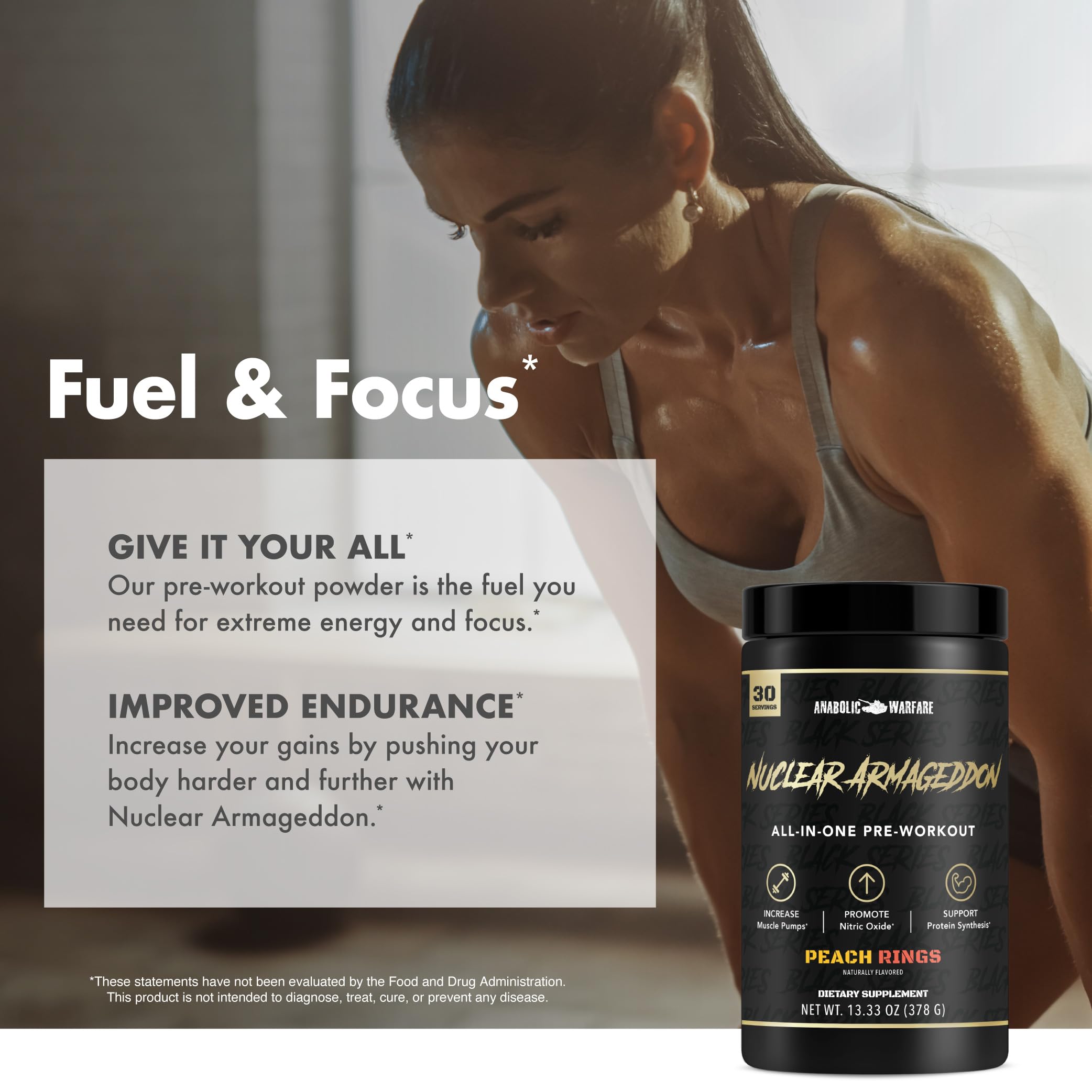 Anabolic Warfare Nuclear Armageddon ingredients close-up highlighting L-Citrulline, Beta-Alanine, caffeine.