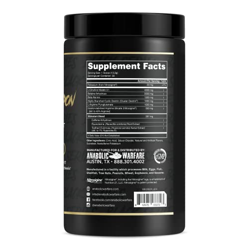 Anabolic Warfare Nuclear Armageddon label close-up shows Ballistic Berry Lemonade flavor for delicious motivation.