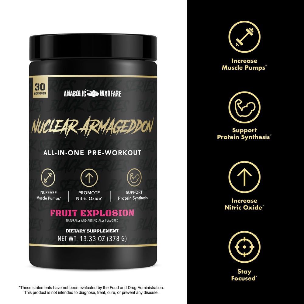 Anabolic Warfare Nuclear Armageddon powder jar on shelf for easy storage.