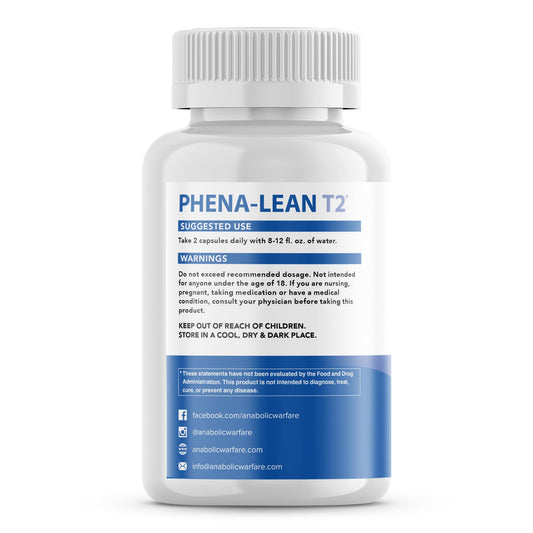 Phena-Lean T2 bottle side view showing sleek packaging and steady energy support for training