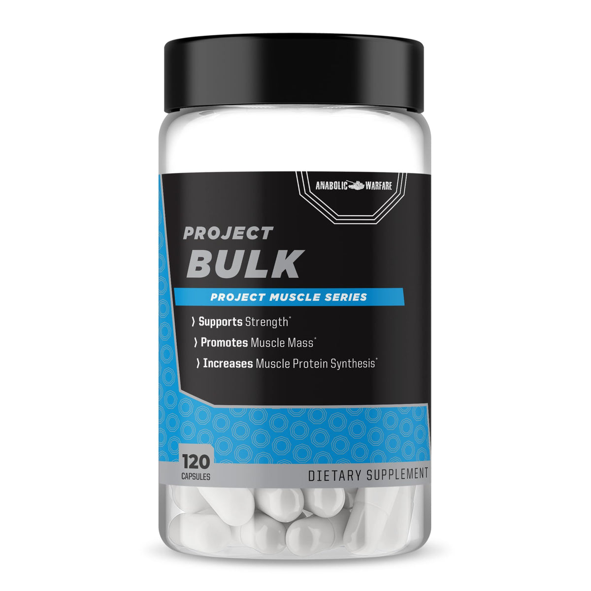 Anabolic Warfare Project Bulk bottle on gym bench signaling training support.