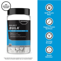 Close-up of Project Bulk label highlighting botanical blend for performance.