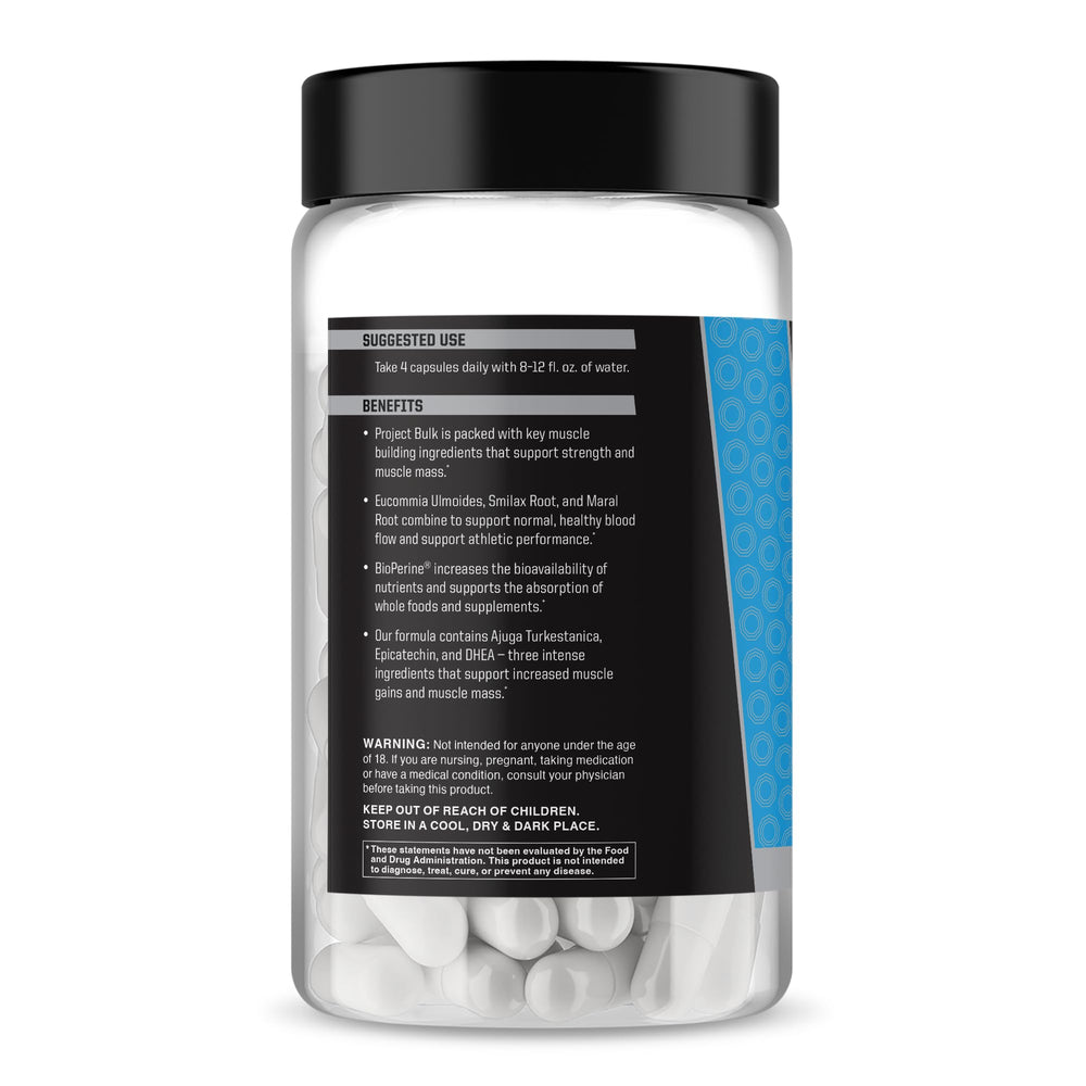 Project Bulk powder tub with label for precise after-workout dosing.