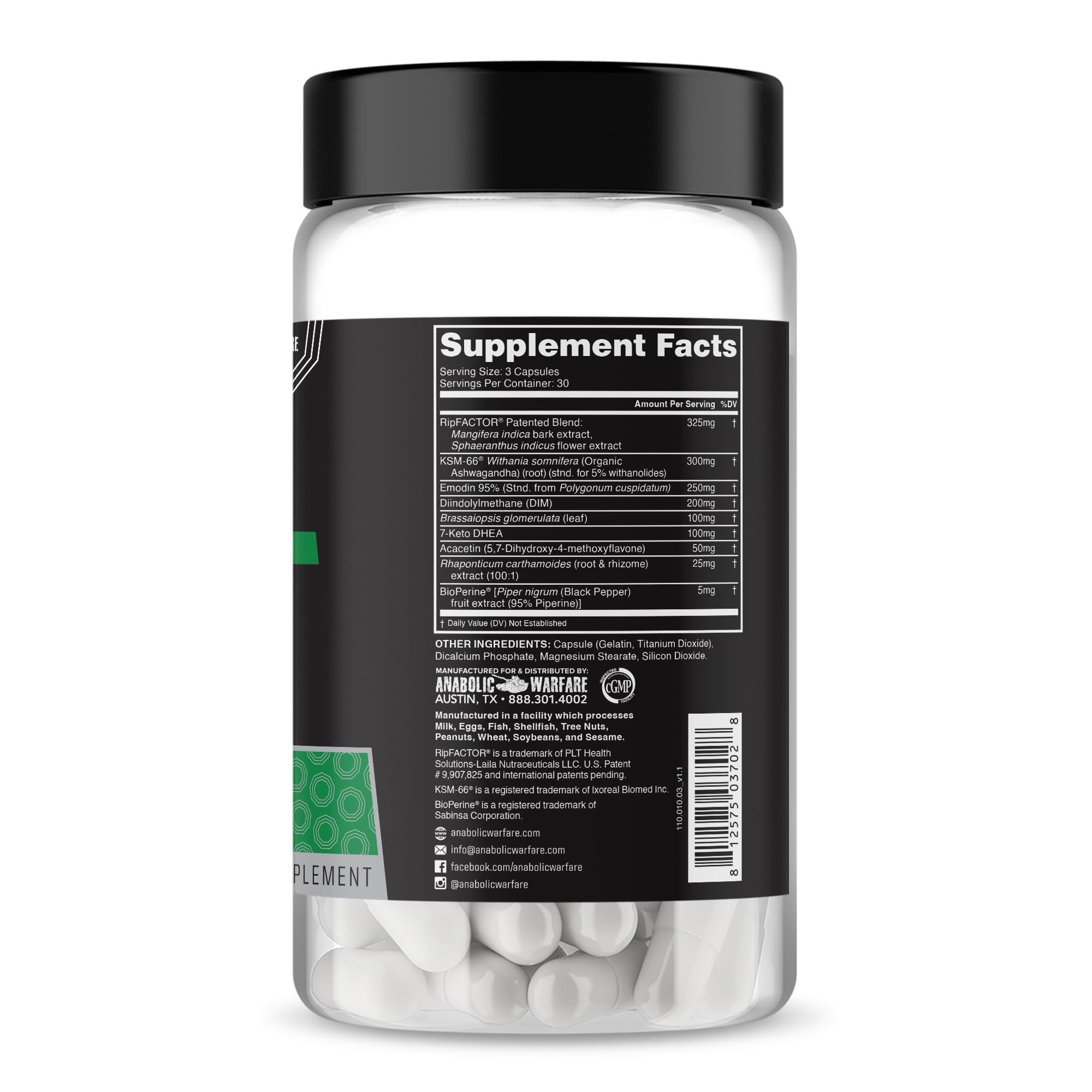 Anabolic Warfare Project Cuts bottle back view detailing ingredients supporting body recomposition.
