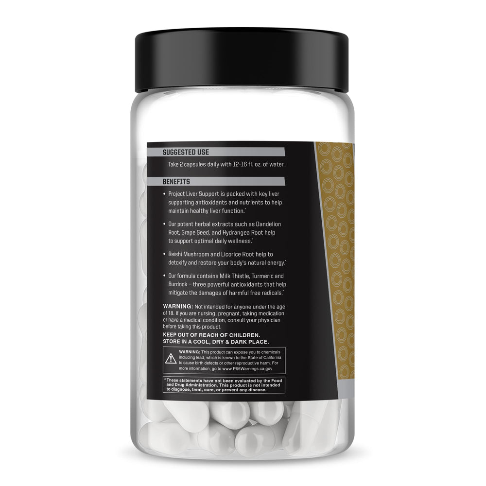 Anabolic Warfare Project Liver Support bottle label highlights natural ingredients for detox-friendly routines