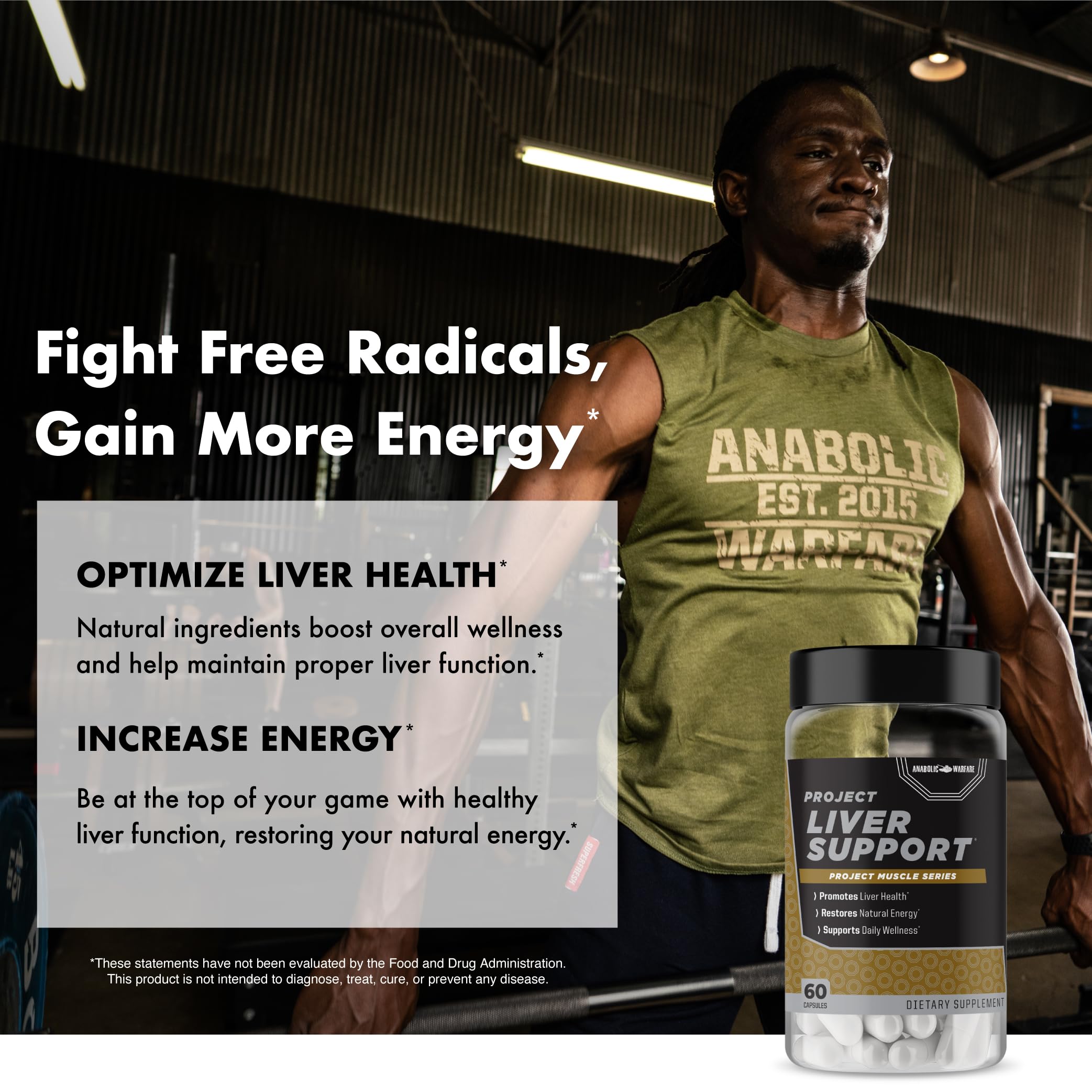 Anabolic Warfare Project Liver Support glass with pills conveys simple daily supplementation