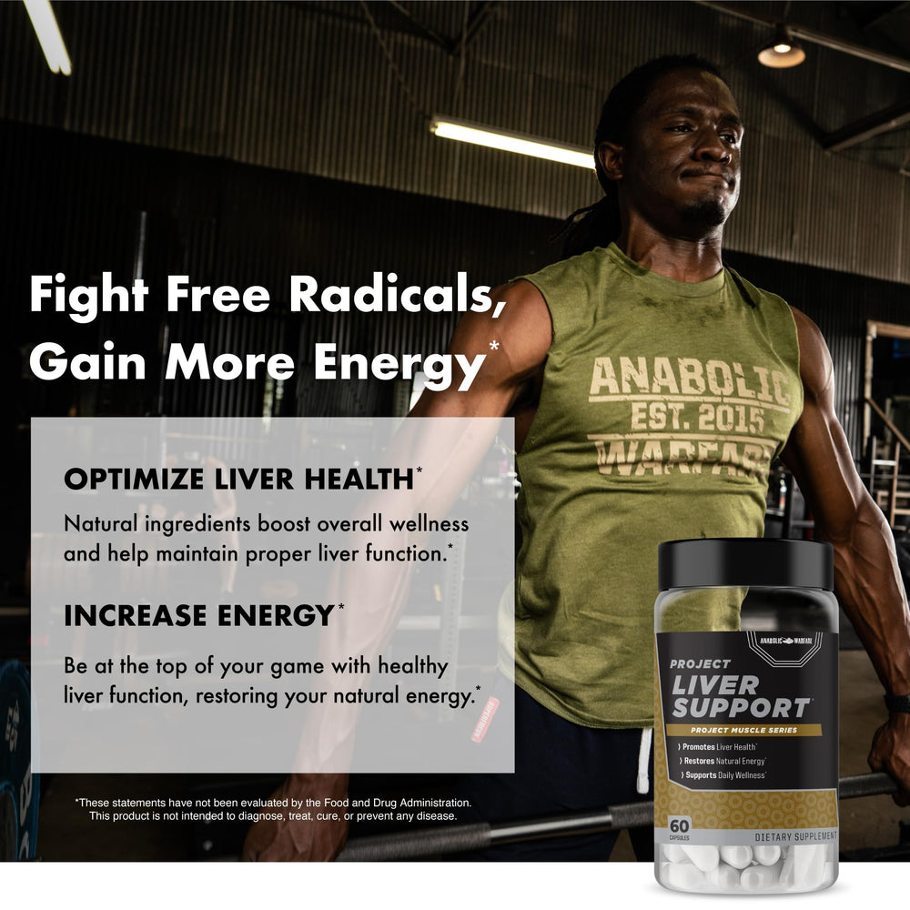 Anabolic Warfare Project Liver Support glass with pills conveys simple daily supplementation