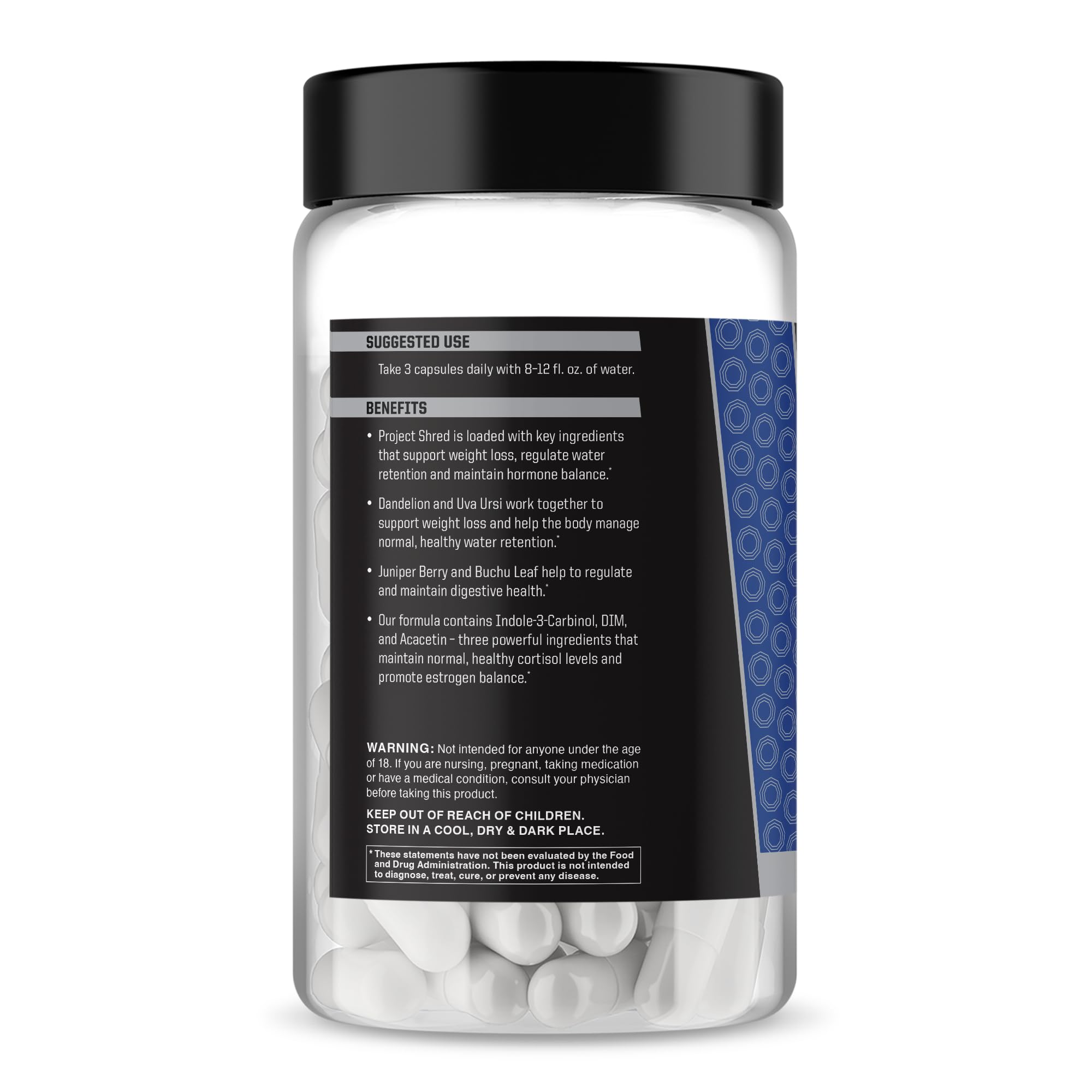 Anabolic Warfare Project Shred capsules closeup with easy-to-take capsules.