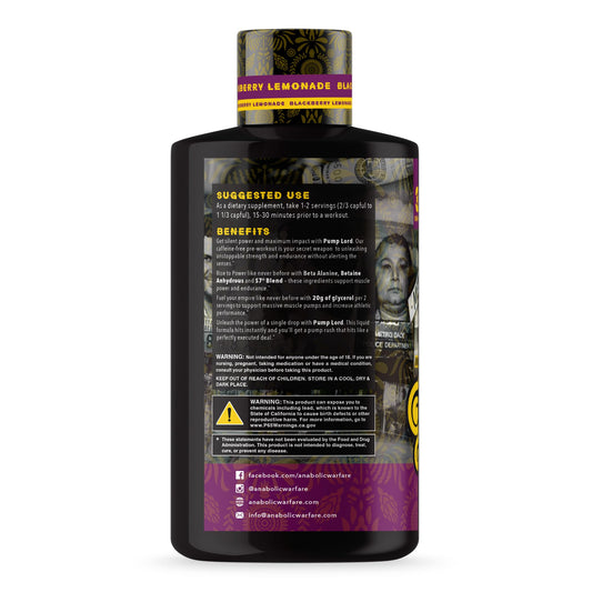 Anabolic Warfare Pump Lord bottle back reveals nutrition facts for informed use.