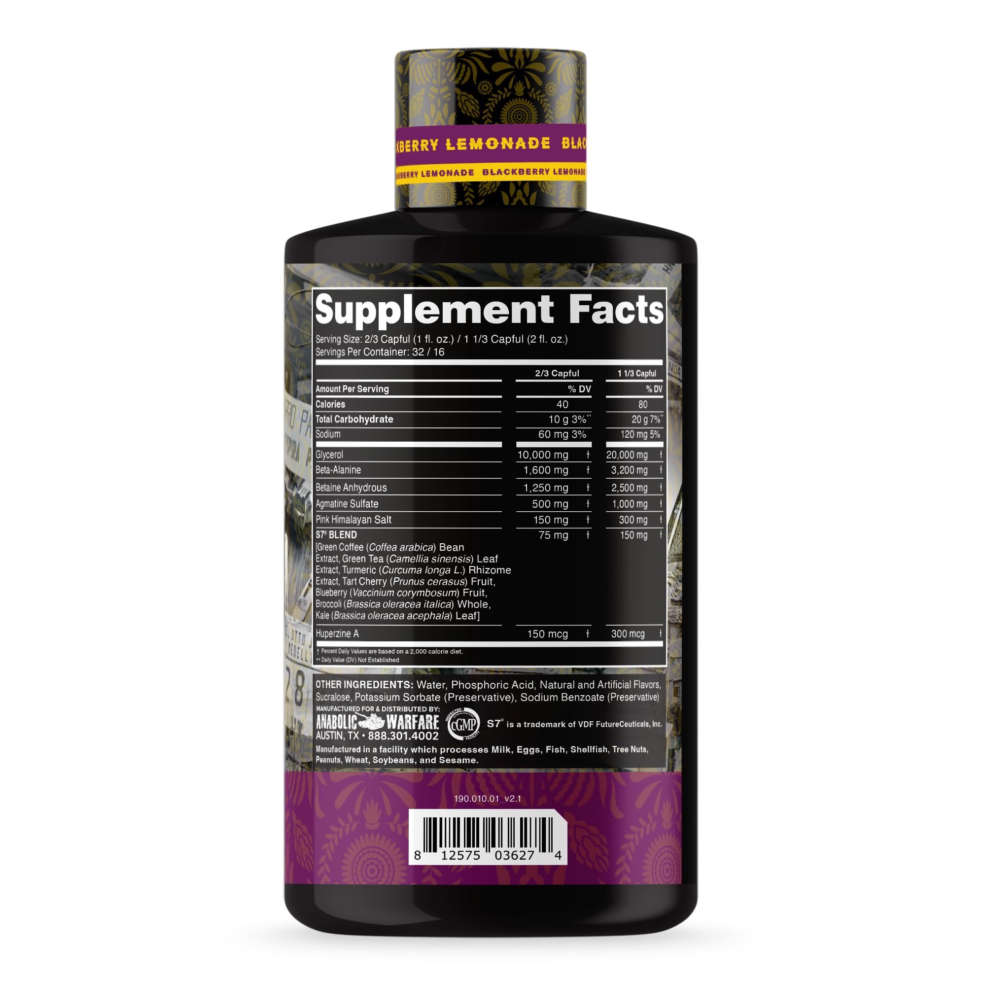 Anabolic Warfare Pump Lord label closeup highlights ingredients like glycerol and beta-alanine.