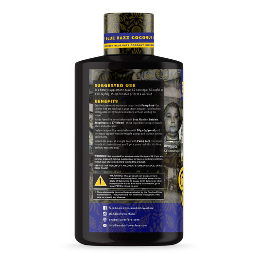Pump Lord label close-up highlighting caffeine-free formulation for smooth energy during workouts.