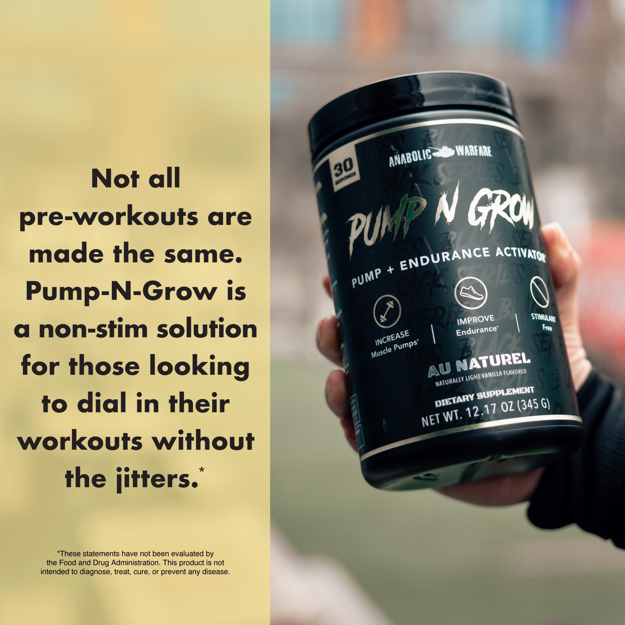 Minimalist Pump-N-Grow label art promotes steady, jitters-free workouts