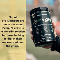 Minimalist Pump-N-Grow label art promotes steady, jitters-free workouts