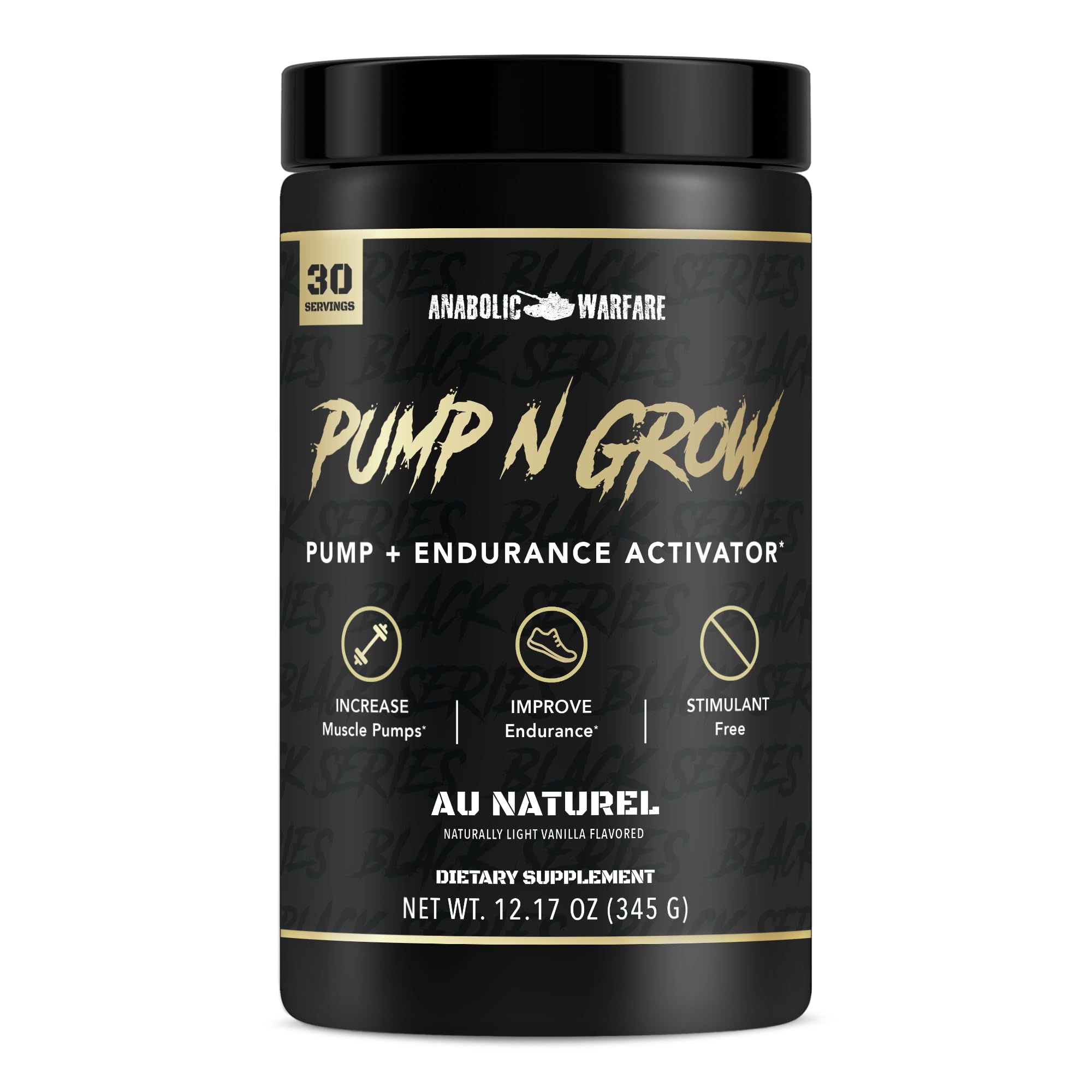 Anabolic Warfare Pump-N-Grow bottle with label highlights non-stimulant benefits