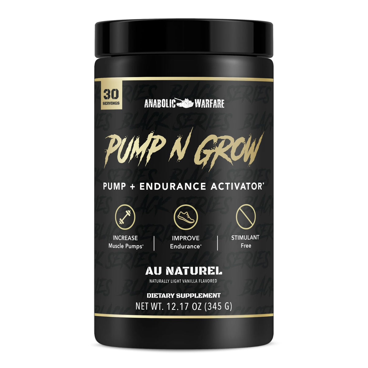 Anabolic Warfare Pump-N-Grow bottle with label highlights non-stimulant benefits