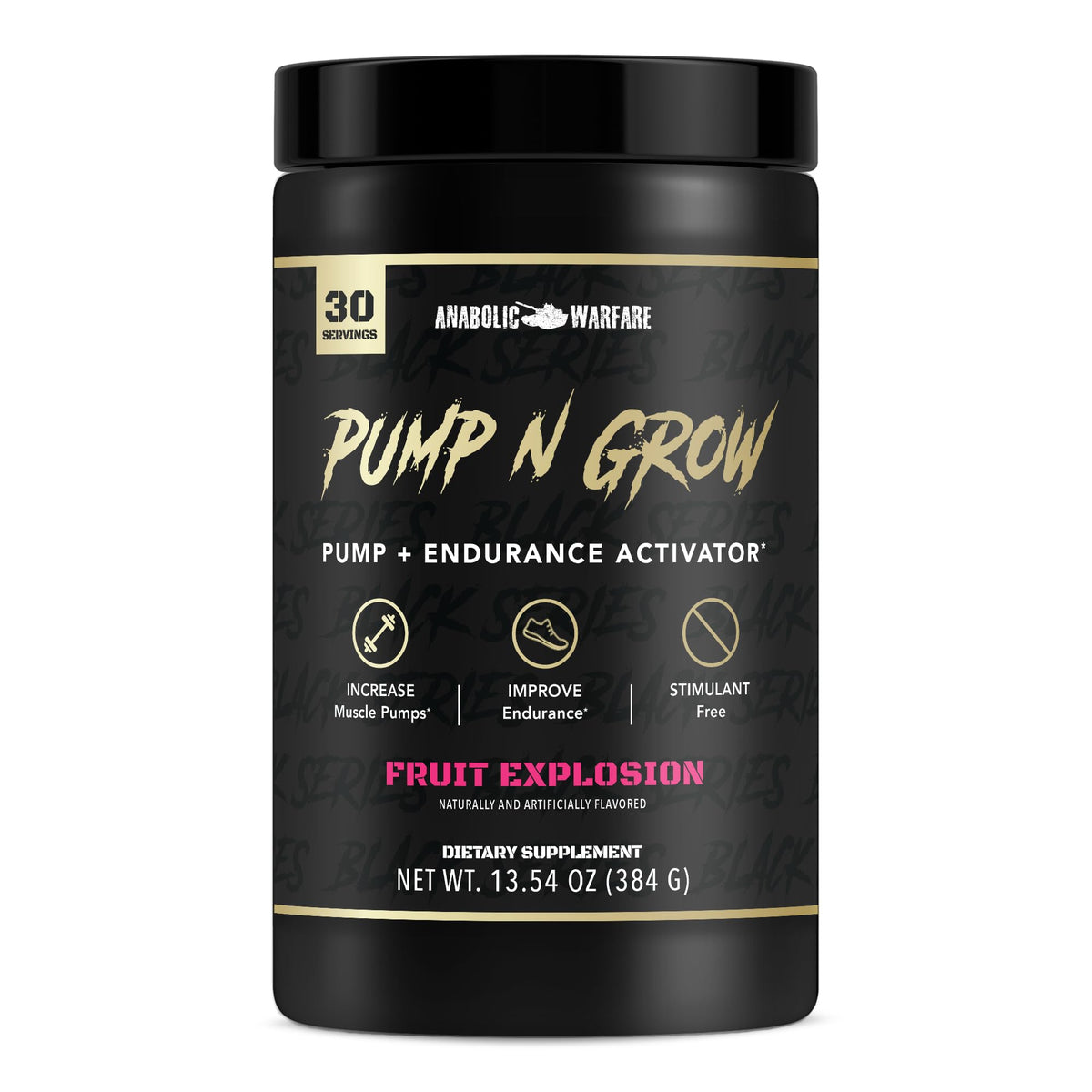 Anabolic Warfare Pump-N-Grow tub front view promoting clean pumps during training.