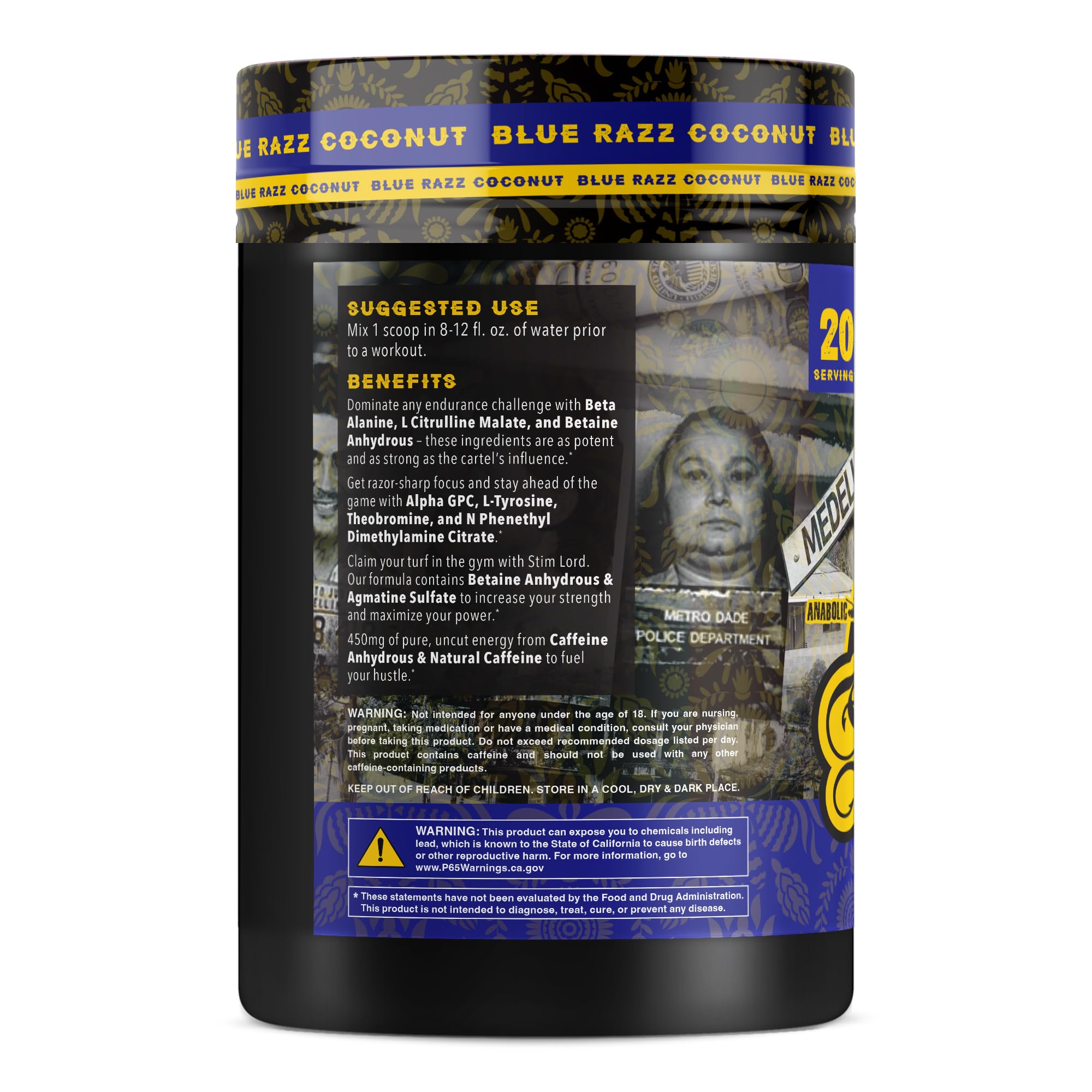 Anabolic Warfare Stim Lord scoop beside tub for quick serving and dosing