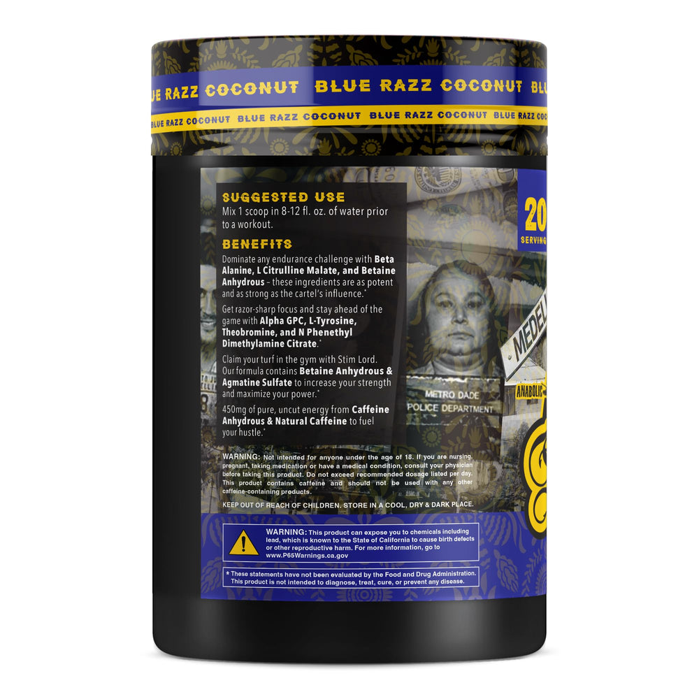 Anabolic Warfare Stim Lord scoop beside tub for quick serving and dosing