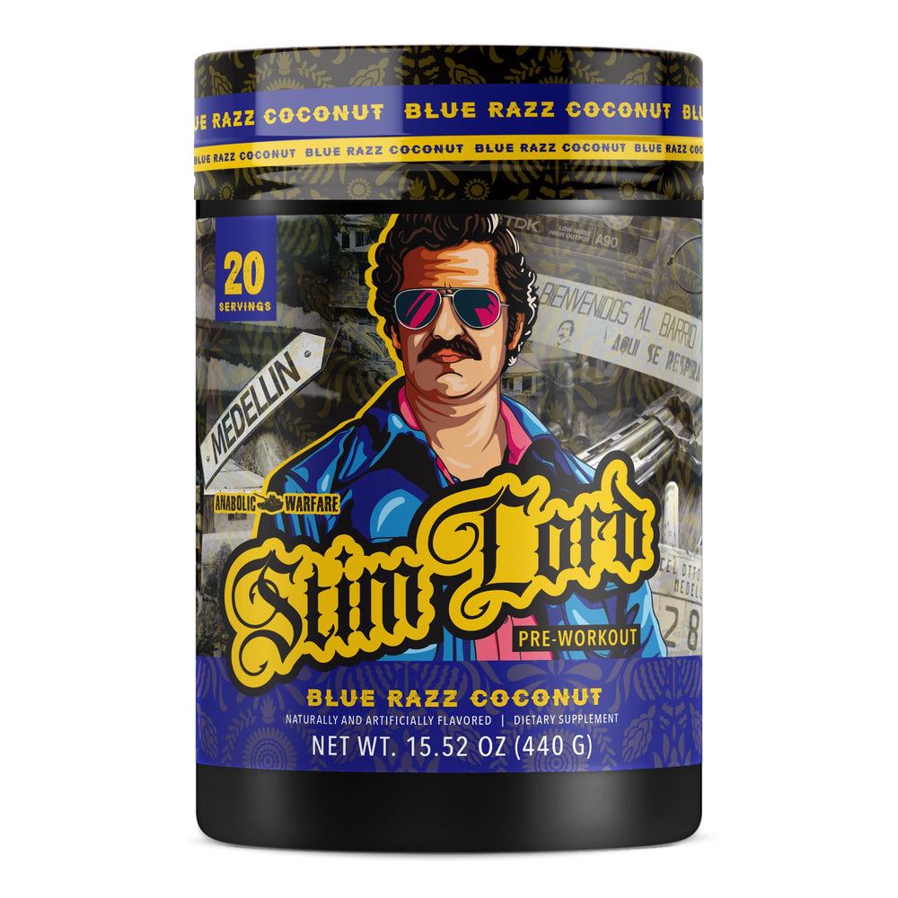 Anabolic Warfare Stim Lord tub front view highlights energy-boosting pre-workout formula