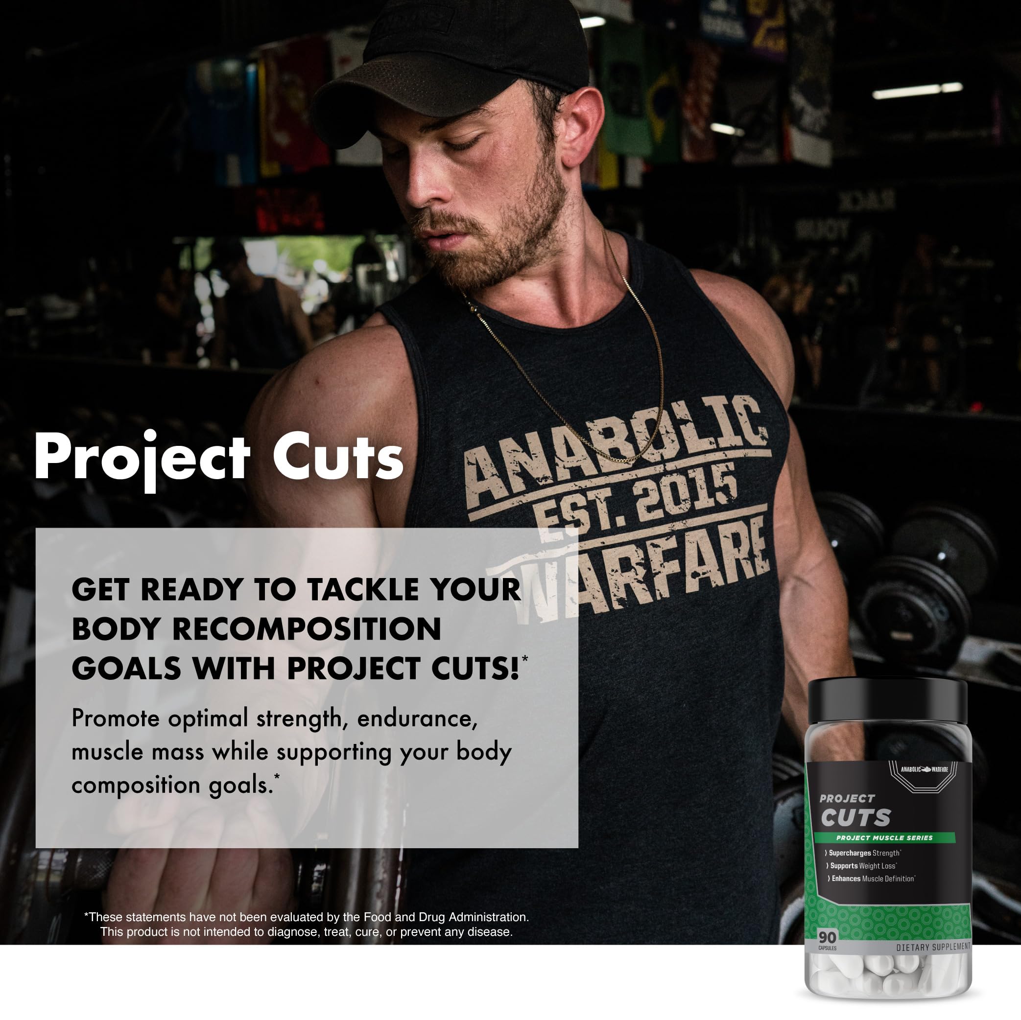 Anabolic Warfare Project Cuts bottle with gym setting implies real-world use.