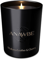 ANAWBE Leather and Cherry candle in front-view jar showing luxury aroma for any space.