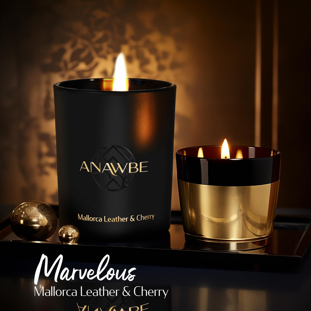 ANAWBE Leather Cherry candle scent notes close-up label for fragrance lovers.