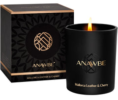 ANAWBE Leather Cherry candle vessel detail on black matte finish.
