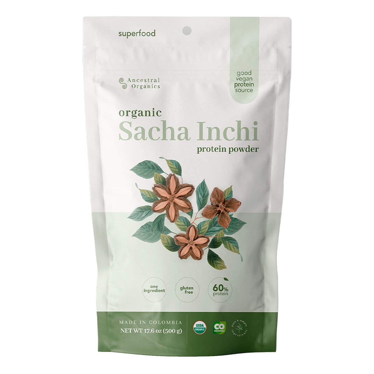 ANCESTRAL ORGANICS Sacha Inchi protein bottle front for plant-based daily nutrition.