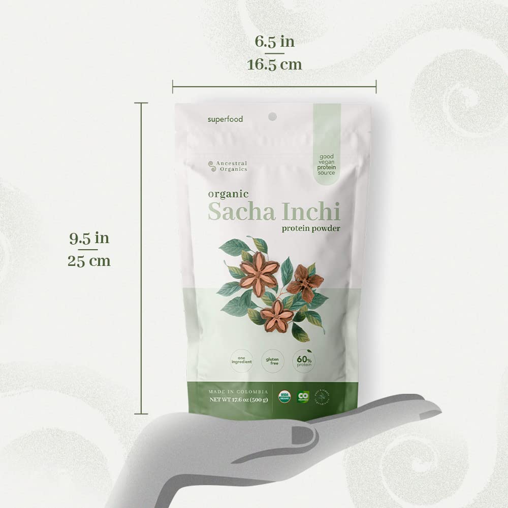 Certifications badge for ANCESTRAL ORGANICS Sacha Inchi protein highlighting organic and fair trade sourcing.